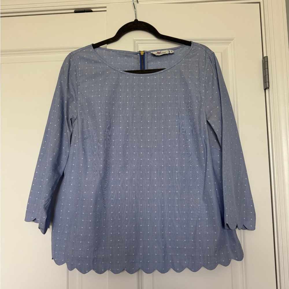 Light Blue Scallop Hem Dot Print Women's Top